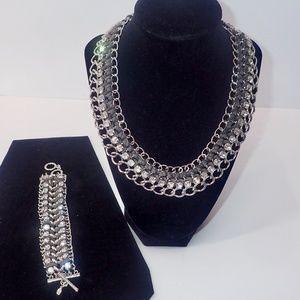 Vtg Black Leather Rhinestone Wide Silver Tone Necklace Bracelet Matching Set